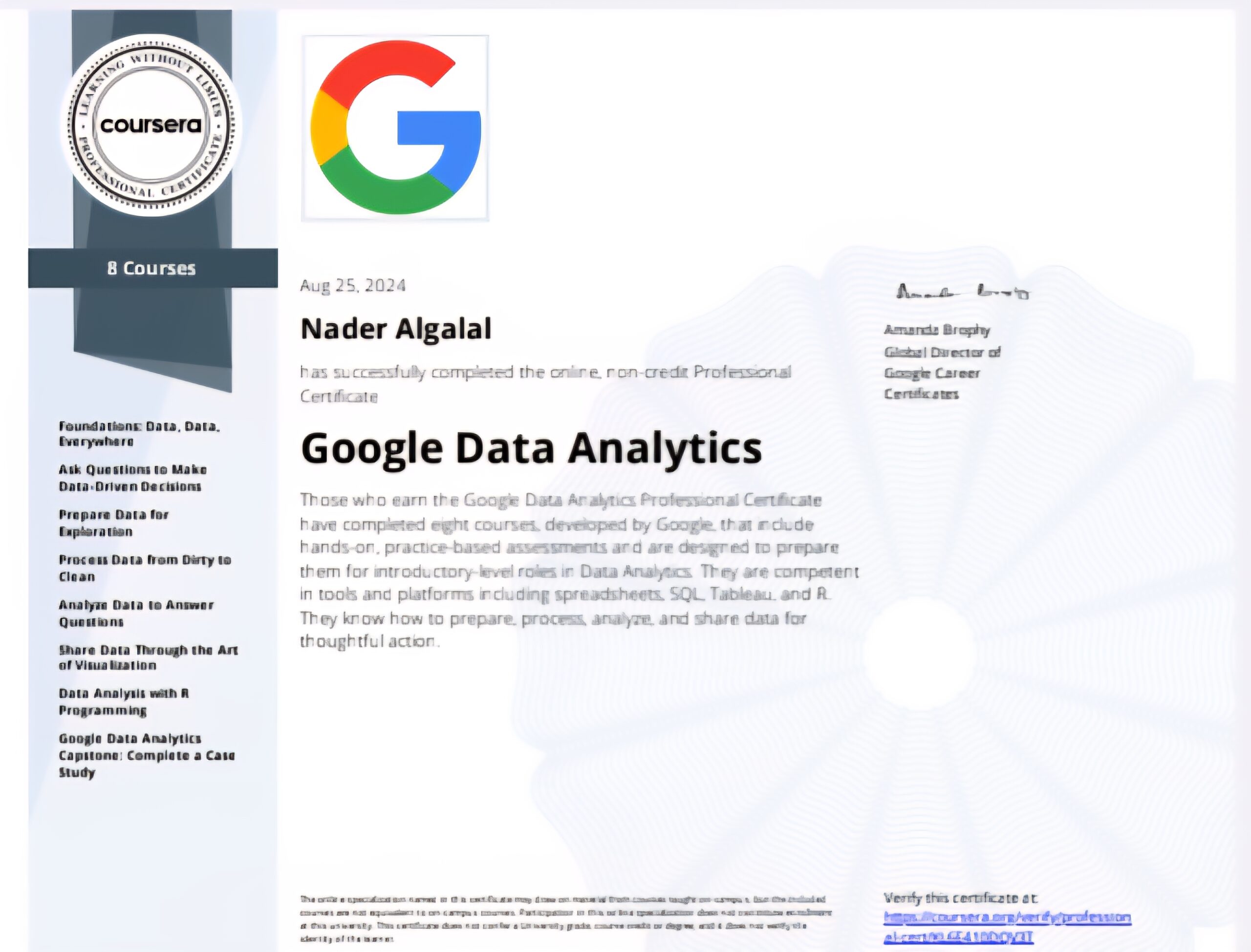 شهادة Google تحليل البيانات